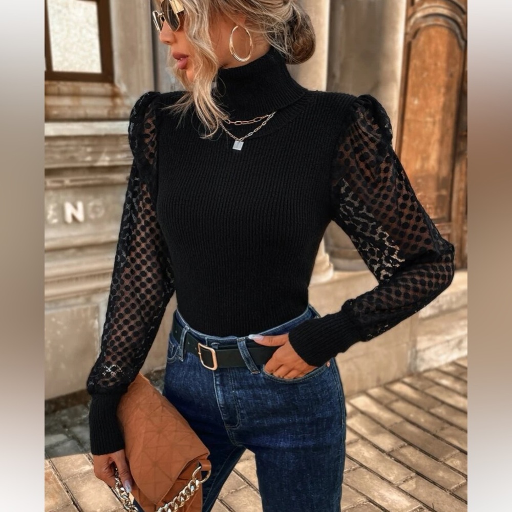 Contrast, mesh, bishop sleeve, turtleneck, sweater, black size small